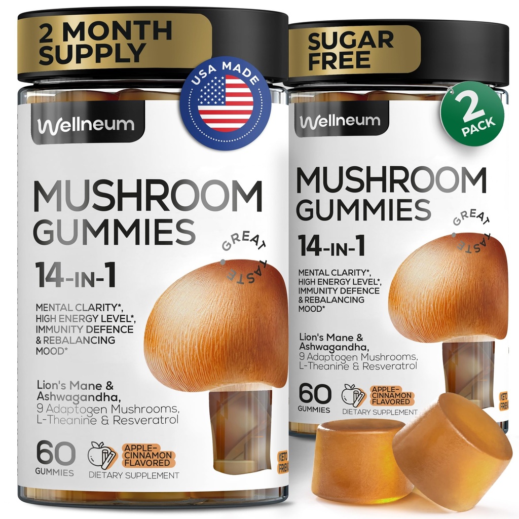 Gume de ciuperci 5000 Mg 120 Pcs (2 Pack) - Lion's Mane și 9 Adaptogenic Ciuperci Blend - Ashwagandha, L-Theanin - Mushroom Gummies for Energy, Imunity, Focus, Brain Boost - Fără zahăr și OMG