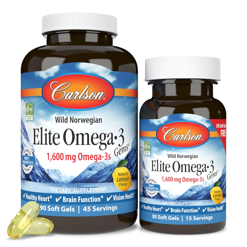 Carlson Labs Elite Omega-3, 1600 mg, Gems Fish Oil Soft Gels, Natural Lemon Flavor, 2 Pack (120 Conte Fiecare)