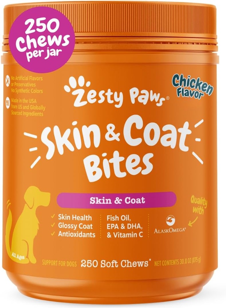 Zesty Paws Omega 3 Ulei de pește pentru câini - Zesty Paw Dog Vitamine și Suplimente pentru Hip, Joint & Skin, Pui (250 Chews)