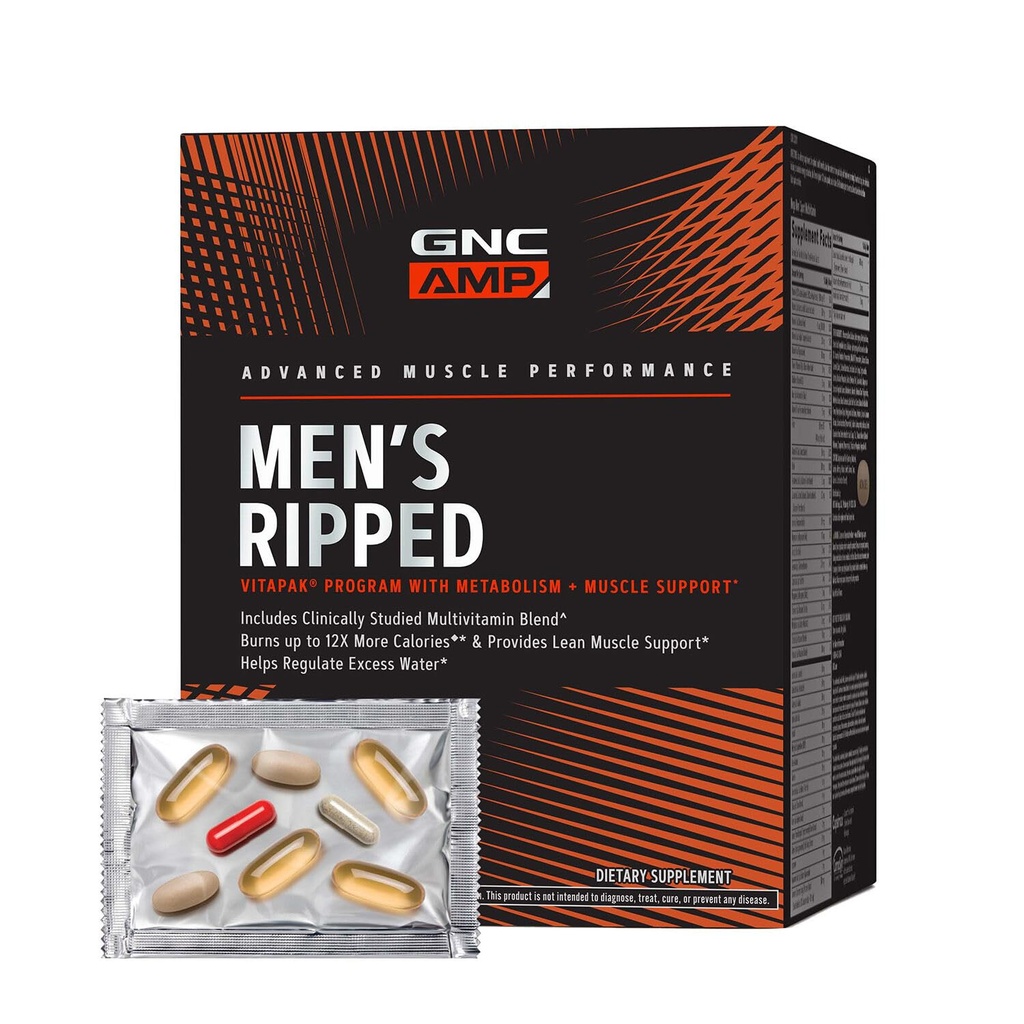 GNC AMP Mens Ripped Vitapak Program, 4 in 1 Produs Vitamina Pack, Metabolism & Lean Muscle Tone, Burn Calories, Water Shedding, Adult Multivitamine, Cafeina, CLA, Ingrediente dovedite, 30 de zile de aprovizionare