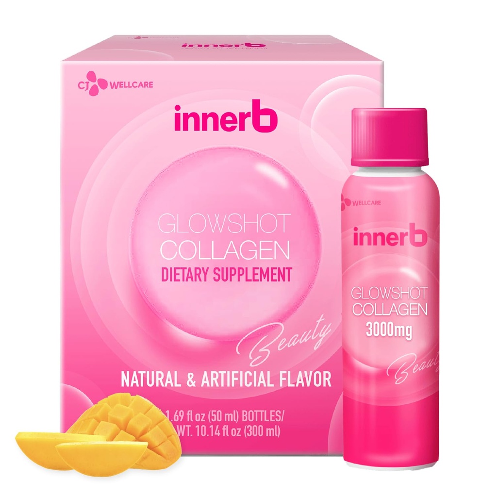CJwellcare Innerb Glowshot Colagen (10.1 fl oz, 6 serviri) - Colagen lichid marin pentru femei, 3000 mg Colagen Peptides, Colagen Shots pentru absorbtie mare, par, piele si unghii Supliment
