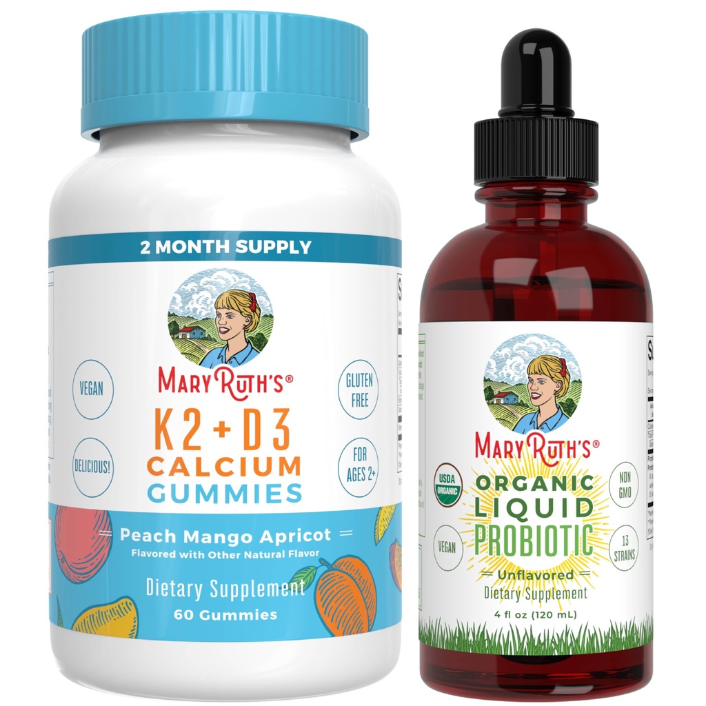 MaryRuth's Vitamina K2+D3 Gummies (Peach Mango & Apricot) & USDA Organic Probiotic Drops 