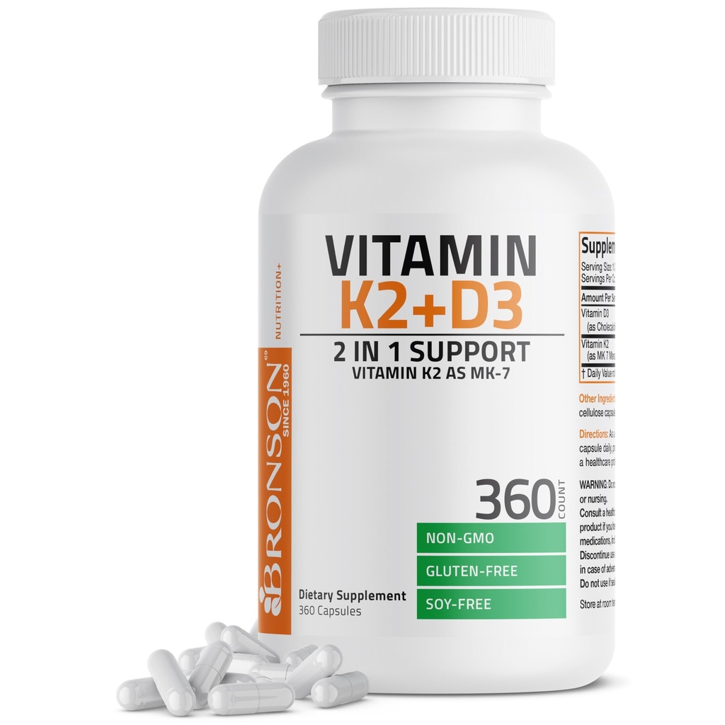 Vitamina Bronson K2 (MK7) cu supliment D3 Non-GMO Formula 5000 UI Vitamina D3 & 90 mcg K2 MK-7 Easy to Swallow D & K Complex, 360 capsule