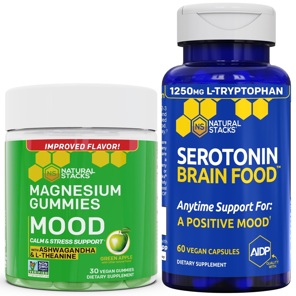 Natural STACKS Mood Magneziu Citrate Gumies + Serotonina Brain Food Bundle - Mood pozitiv și suport de stres - 90 piese