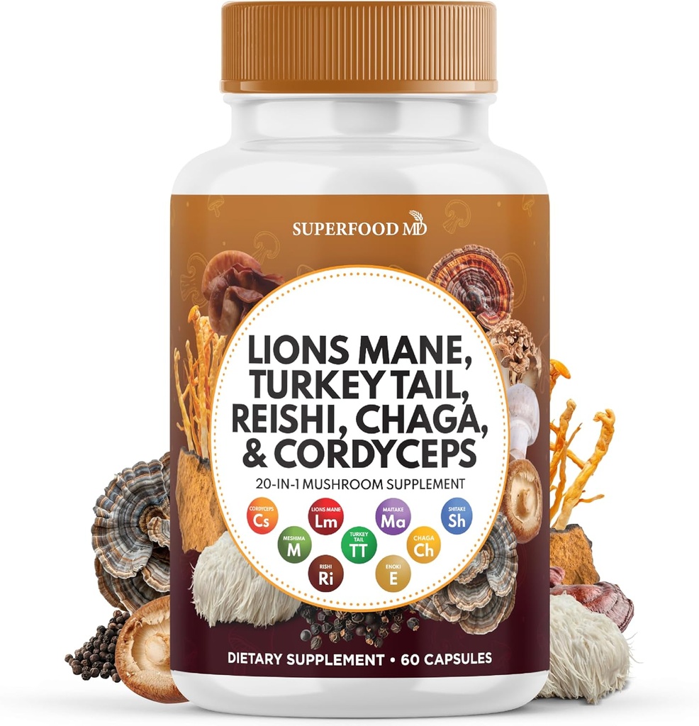 Lions Mane Mushroom Supliment cu Turcia Coada Reishi Cordyceps Chaga cu rădăcină de marshmallow - 60 Conte