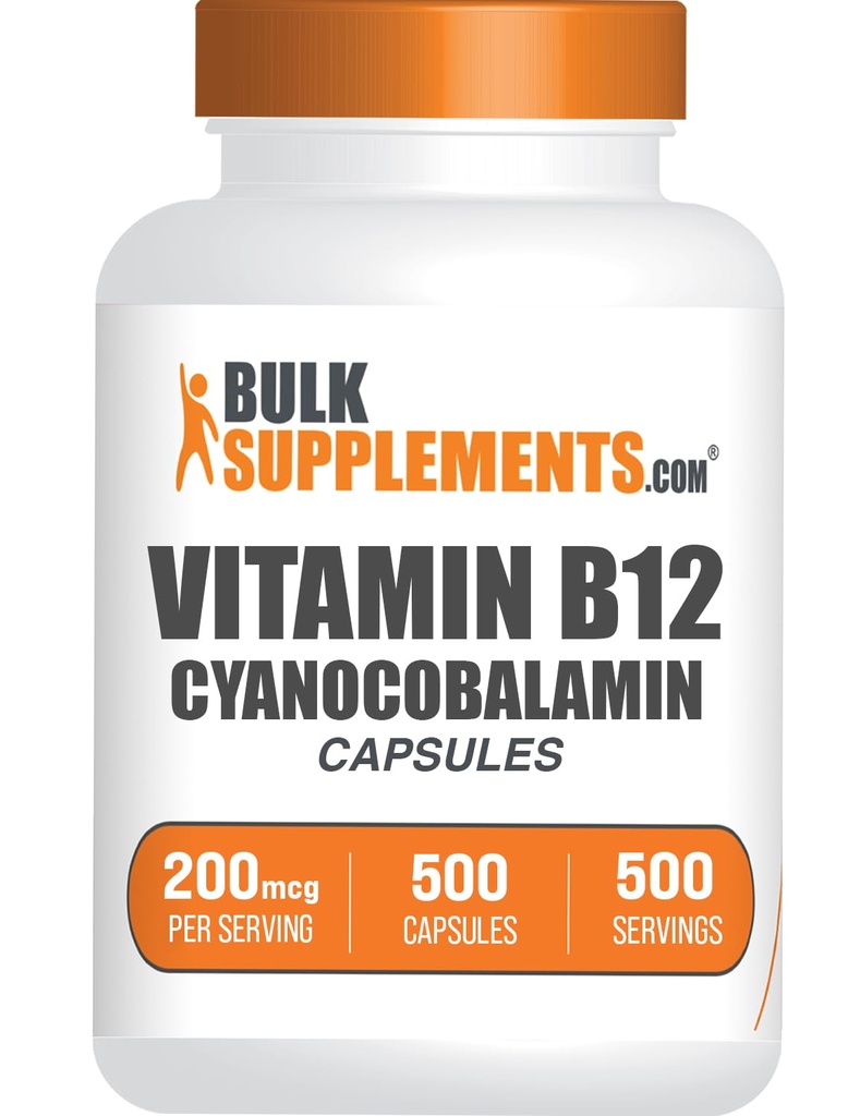 BulkSupplements.com Vitamina B12 Capsule - ca Cyanocobalamină, vitamina B Supliment, vitamina B12 200 mcg - Vitamine energetice, gluten gratuit, 1 capsulă per Serving, 500 capsule (Pachet de 1)