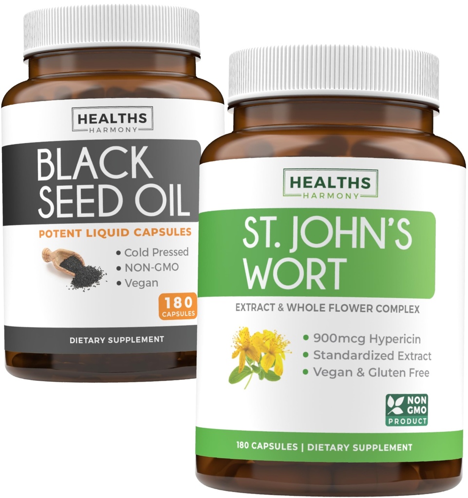 Black Seed Oil & St. John's Wort (3-Month Supply) Harmony Essence Bundle of Black Seed Oil (180 capsule) Cold-Pressed Nigella Sativa & St. John's Wort (180 capsule) with Powerful 900mcg Hypericin