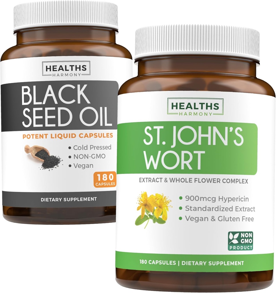 Black Seed Oil & St. John's Wort (3-Month Supply) Harmony Essence Bundle of Black Seed Oil (180 capsule) Cold-Pressed Nigella Sativa & St. John's Wort (180 capsule) with Powerful 900mcg Hypericin