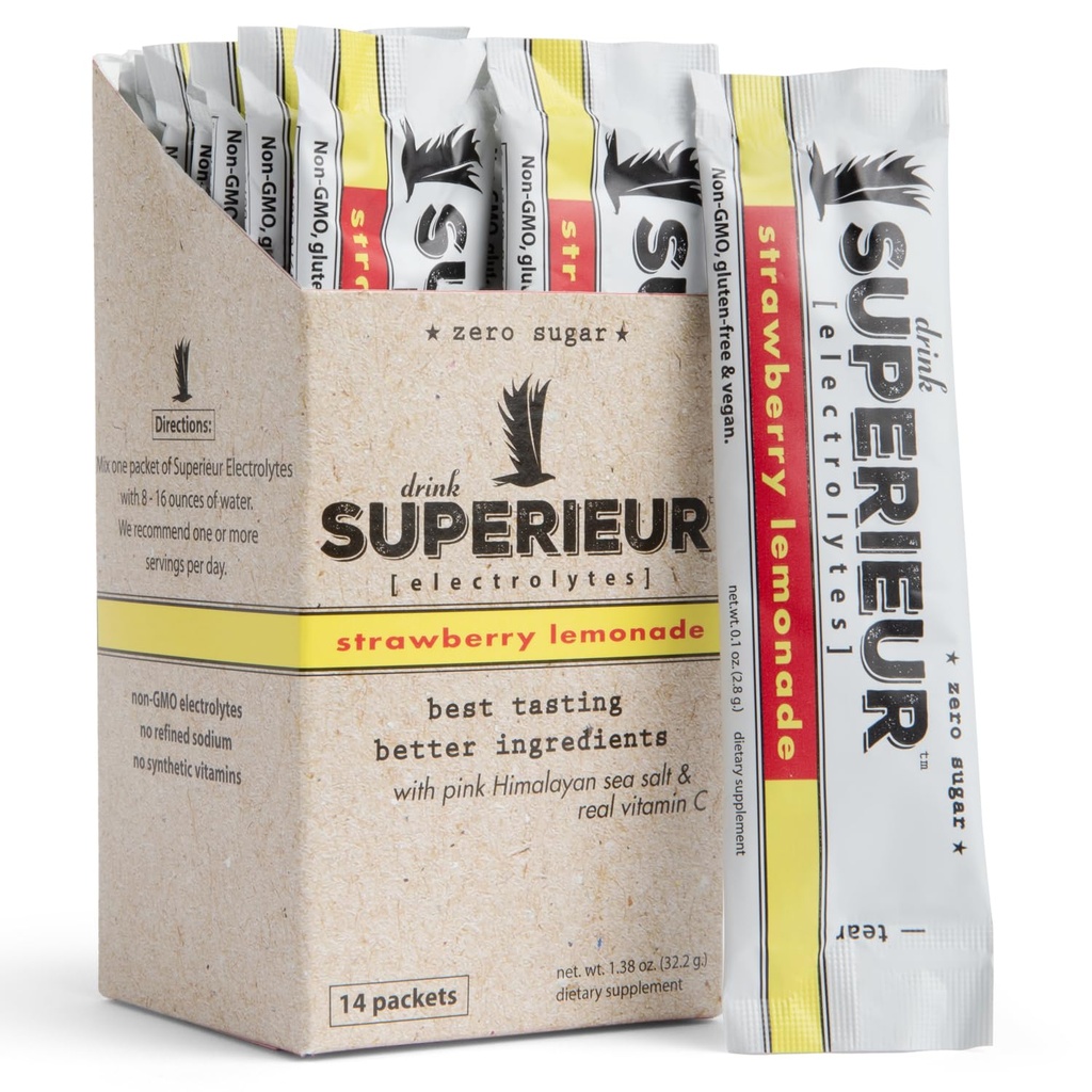 Superieur Electrolyte Powder Packets- Vegan Electrolyte Hydration Powder w/Sea Minerals- Keto Friendly, Non-GMO, Zero Sugar Electrolit Supliment-Sănătos Sports Drink-Strawberry Lemonade (14 Pachete)