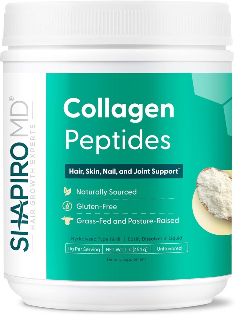 Shapiro MD de creștere a părului experți Colagen Peptides pulbere, Colagen pulbere Supliment pentru păr, piele, unghii și sprijin comun, I & III Colagen hidrolizat pentru absorbție ușoară, 11g Colagen - 16 oz.