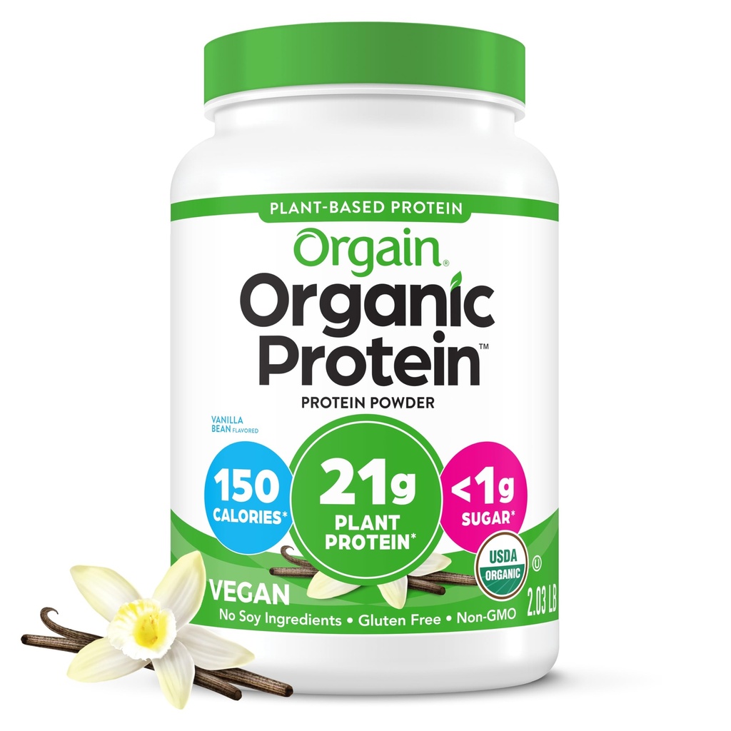 Orgain Organic Vegan Proteina pulbere, Vanilla Bean - 21g Proteina vegetala, 6g Prebiotic Fiber, Fara Ingrediente Lactoză, Nu Adăugat Zahăr, Non-GMO, Pentru Shakes & Smoothies, 2.03 lb (Packing May Vary)