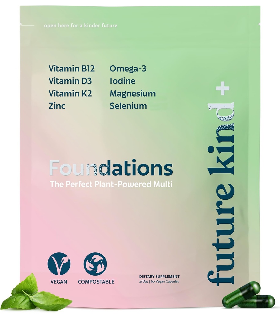 Viitoare fundații Caragenan-Free Multivitamine pentru femei și bărbați cu Omega-3, B12, D3, Zinc, Iod, Magneziu, K2 & Seleniu, Vegan, Geanta Compostable (60ct)