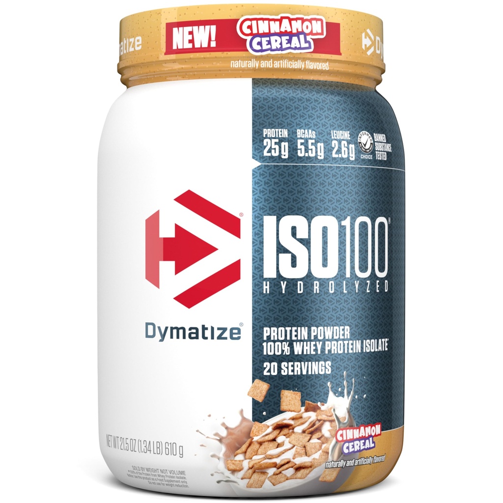 Dymatize ISO100 Whey Proteine pulbere Izolat, Scorțișoară Cereal, 25g de proteine, 5,5g BCAAs, mai puțin de 120 Cal., Gluten gratuit, 1g Fat, 1g zahăr, 2g carbohidrat (20 Serviri)