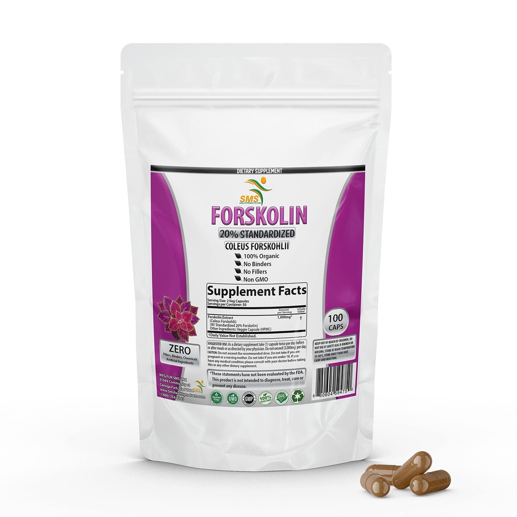 Pur Forskolin Extract Supliment cu Potent Coleus Forskohlii 20% Standardizat 1000 mg pentru Enhanced Energy - Suplimente energetice pe bază de plante pentru femei și bărbați - 100 Capsule vegetale