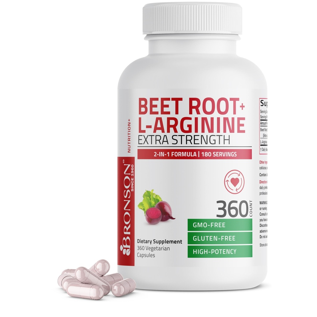 Rădăcină de sfeclă de Bronson + L-Arginină Oxid de azot - Negomo, 360 Capsule vegetariene