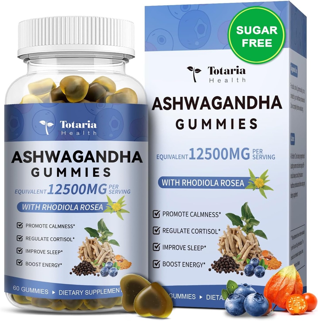 Totaria Sugar Free Ashwagandha Umplute Gumries 2500mg w/Vitamina D3, Magneziu Glicinate, Rhodiola, Ultra Putere Ashwa Suplimente rădăcină pentru femei & Wen, pentru relaxare, energie, aroma de afine