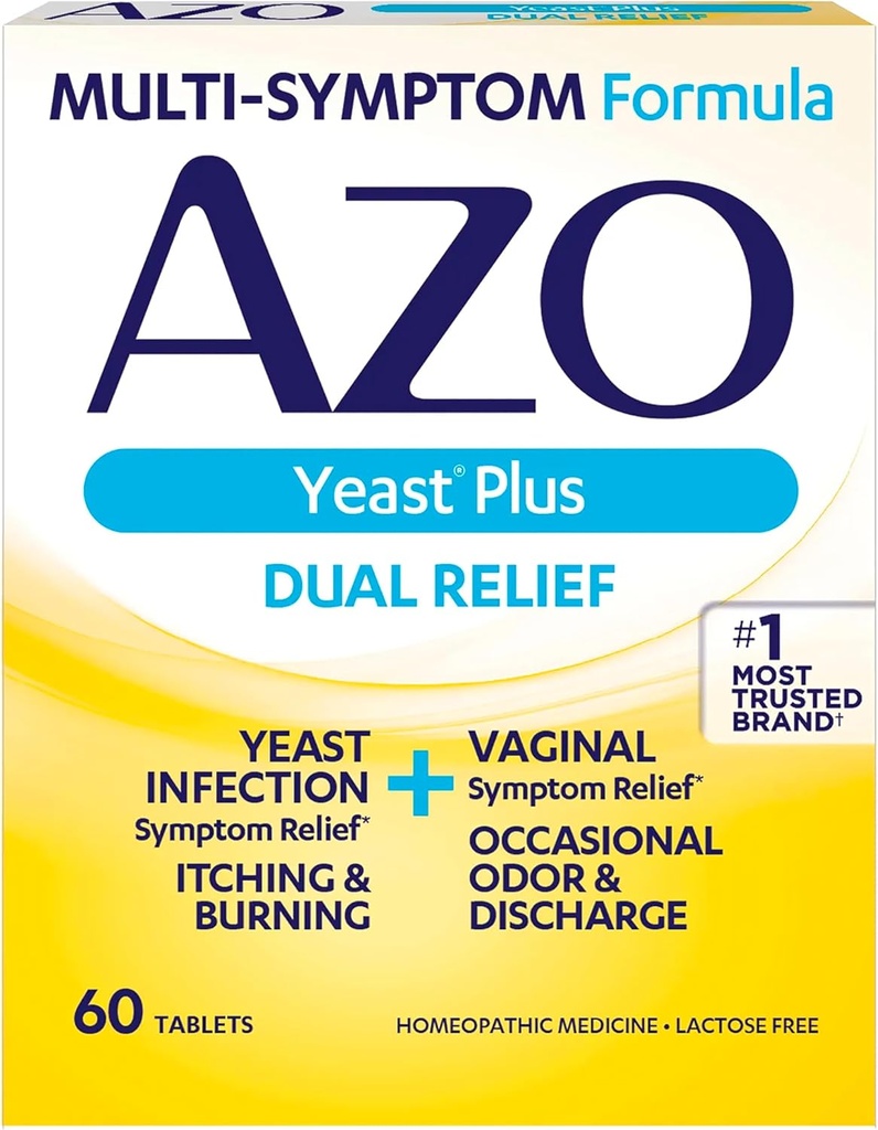 AZO Yeast Plus Dual Relief Tablets, Yeast Infection and Vaginal Symptom Relieve, Relieves Vaginal Itching & Burning, 60 Count
