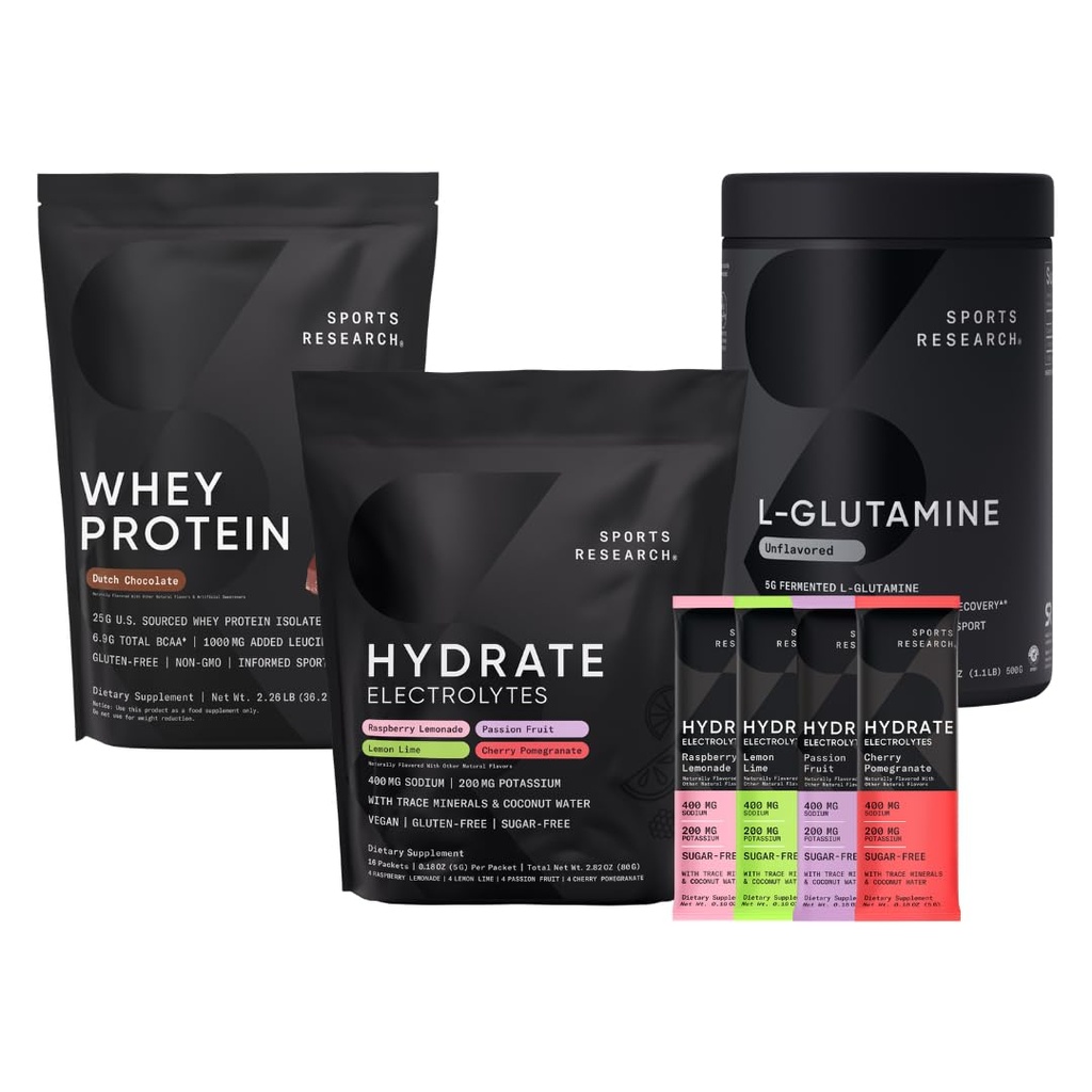 Sports Research Multiflavor Hidrate Electrolytes Packets, Dutch Chocolate Flavored Whey Proteine Izolate Powder și L-Glutamine nearomatizate