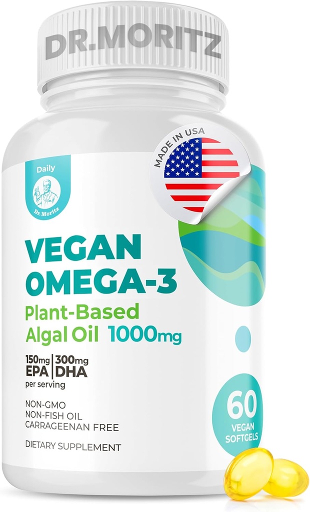 Dr. MORITZ Vegan Omega-3 Softgels pentru adulți și copii, Made from Algae Oil with DHA EPA, Small Algae Omega 3 Supplements, Vegan, 60 Count