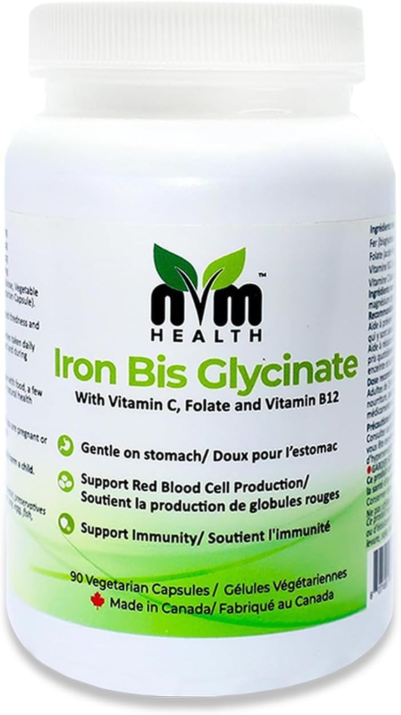 Supliment de fier blând pentru adulţi I Bisglicinat de fier cu vitamina C, B12, Acid folic I susţine formarea de celule roşii şi stimulează imunitatea - 90 Capsule vegetariane, gluten gratuit