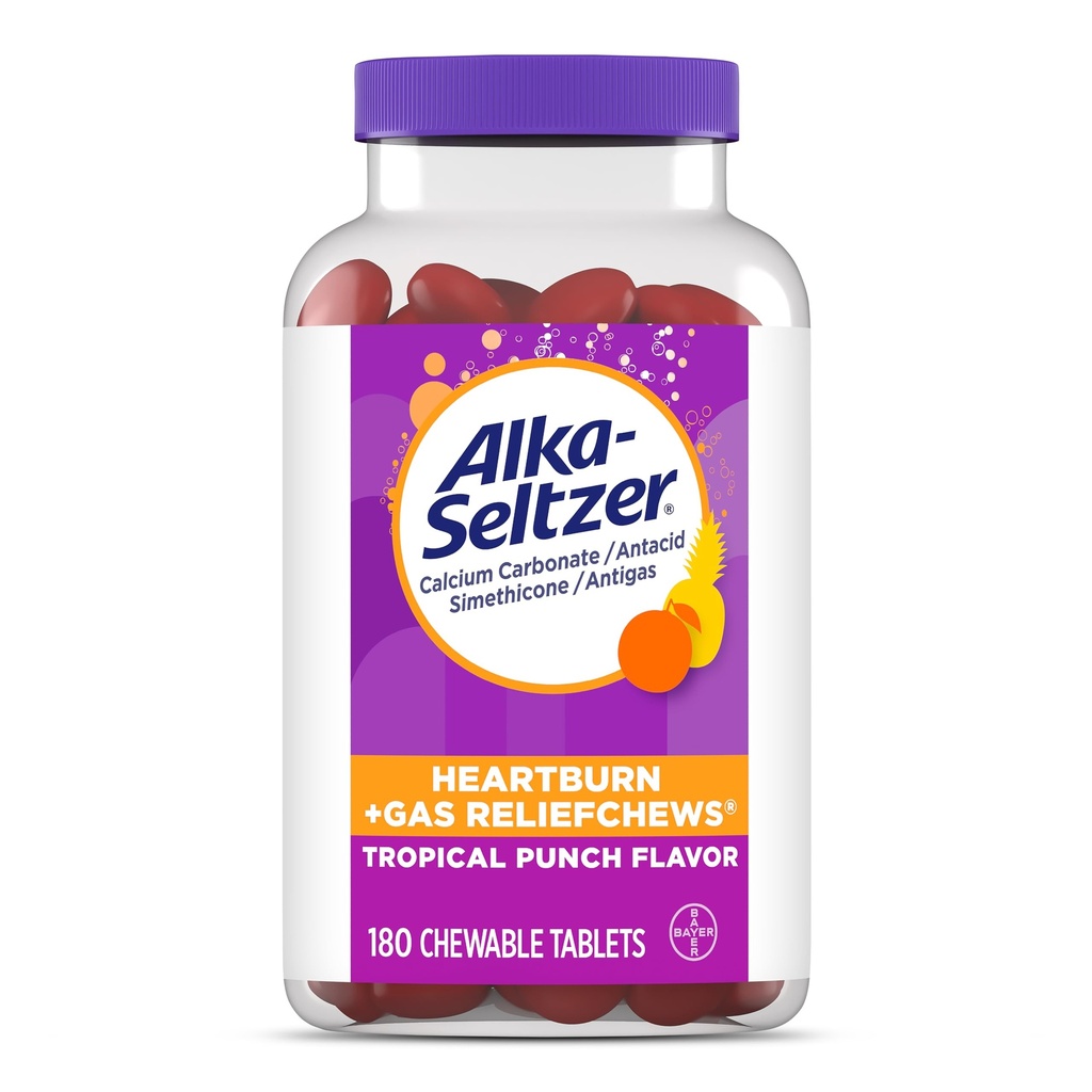 Alka-Seltzer Heartburn + Gas ReliefChews, Antiacid + Antigaz Chews for Fast Heartburn Relief, Gas, and Acid Indigestie Relief La start, 180 Ct