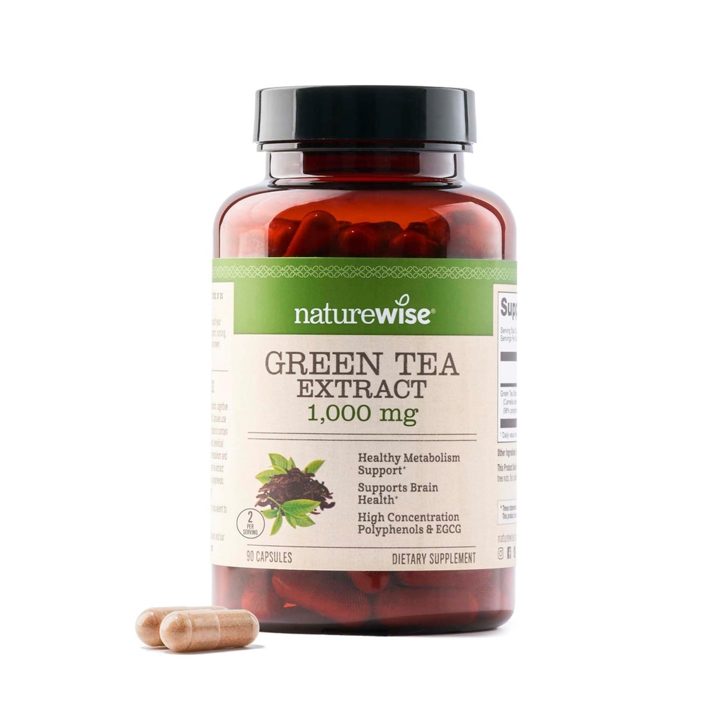 NatureWise Green Tea Extract capsule 1000 mg - 50% EGCG & 98% Polifenoli - Extra Putere Pastile de ceai verde - Antioxidanti pentru sanatatea inimii si energie - Vegan, Non-GMO - 90 Conte[45-Day Supply]
