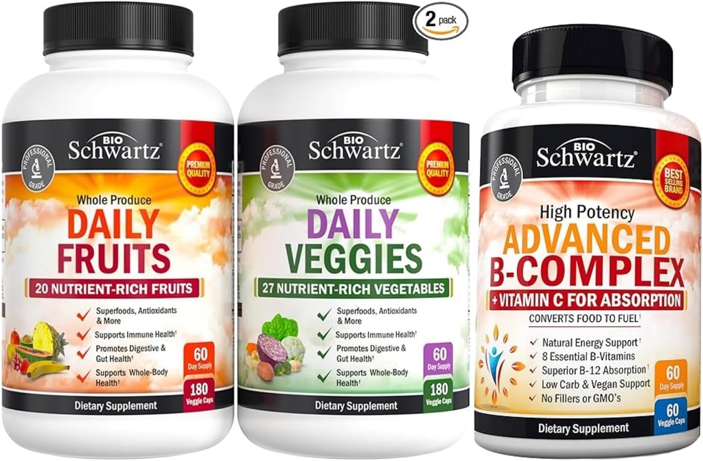 BioSchwartz Daily Fruits and Veggies Supplement for Women and Men (2 Month Supply) Plus Vitamin B Complex cu vitamina C (2 Month Supply)