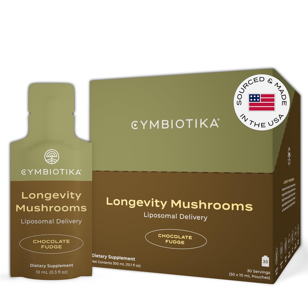 CYMBIOTIKA Liposomal Mushroom Supplement with Lion's Mane, Turkey Tail, B-Vitamins, Cordyceps & Reishi Ciuperci, Suplimente pentru Suport Immune și Energie, Ciocolată Fudge Flavor, 30 Pack