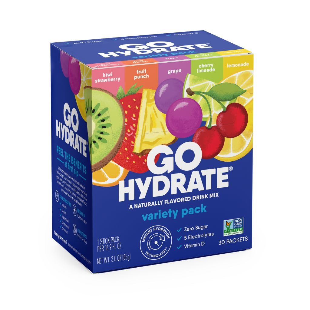 GoHydrate Low Sodium Electrolits Powder Packets Zahăr Free - Hydration Daily Drink Mix - Zero Sugar Water Flavor Packet Single-uri cu vitamina D - (Pachet de Varietate, 30 Packs)