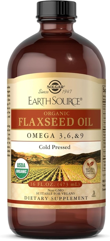 Solgar Earth Source Organic Flaxseed Oil - 16 fl oz - Cold Pressed - Omega 3, 6 & 9 - USDA Organic, Non-GMO, Gluten Free - aproximativ 31 Serviri