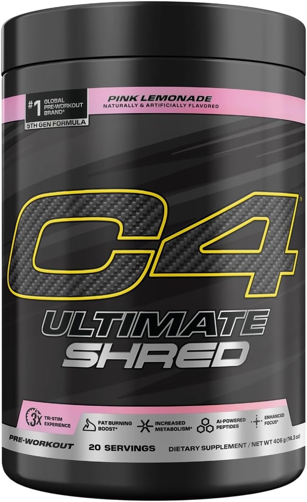 Cellucor C4 Ultimate Shred Pre Workout Pulbere, supliment metabolic cu extract de Cayenne + 300mg Cafeina + TeaCrine+Dynamine - Limonadă roz, 20 Serviri