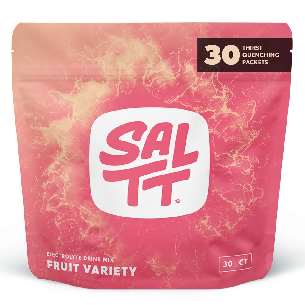 SALTT Electroliti Pachete de pulbere, Pachete de soiuri de fructe (30 Pachete) - Magneziu, Potasiu, Sodiu, Minerale Trace - Vegan, Zahăr gratuit, Gluten gratuit - Essentials de călătorie - Made in USA