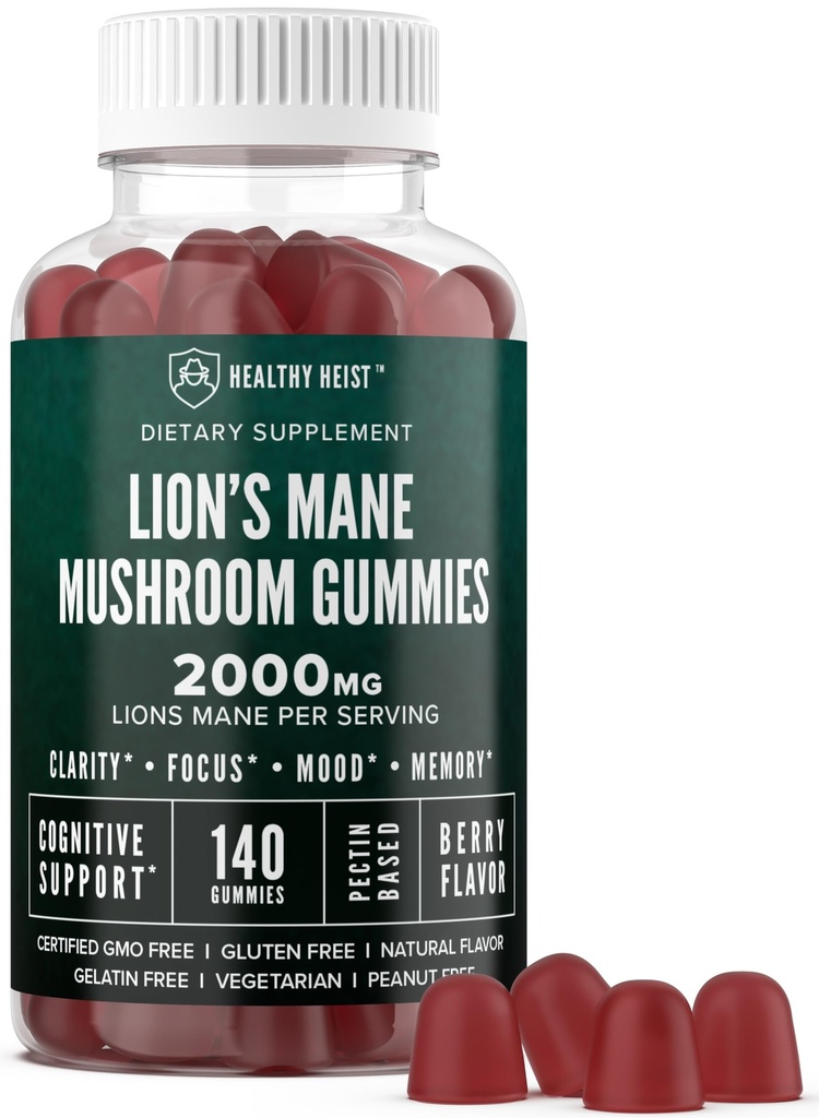 Lions Mane Gummies ciuperci pentru adulți, 140 Count Bulk Mane Chewables, Potență mare 10:1 Extract organic se ridică la 2000mg, Suplimentul susține Claritatea mintală, Focus, Mood și ceața creierului