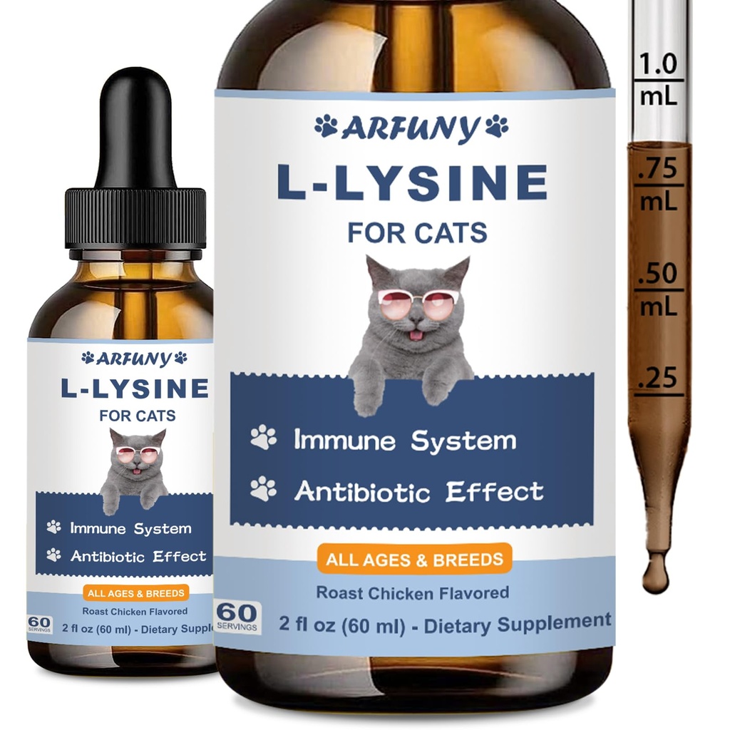 L-Lysine Supliment pentru pisici - Suport imunitar - 60ML Lysine pentru feline respiratorii, strănut, nas roşu, funcţie oculară - Picături antibiotice Cat naturale - Friptură de pui aroma