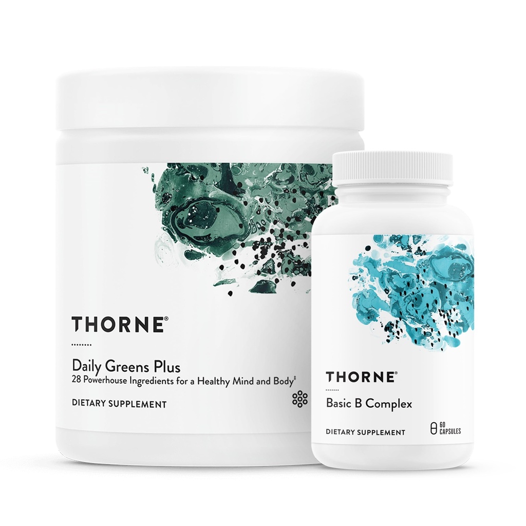 THORNE - Energetic Bundle - Daily Greens Plus & Basic B Complex - Promoveaza energia celulara si rezistenta fizica - 30 Serviri