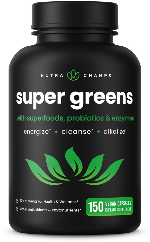 NutraChamps Capsule organice super-verzi - Alfalfa, Spirulina, Chlorella & More - Antioxidant, Enzyme digestiv și amestecuri probiotice - 150 capsule superalimentare verzi