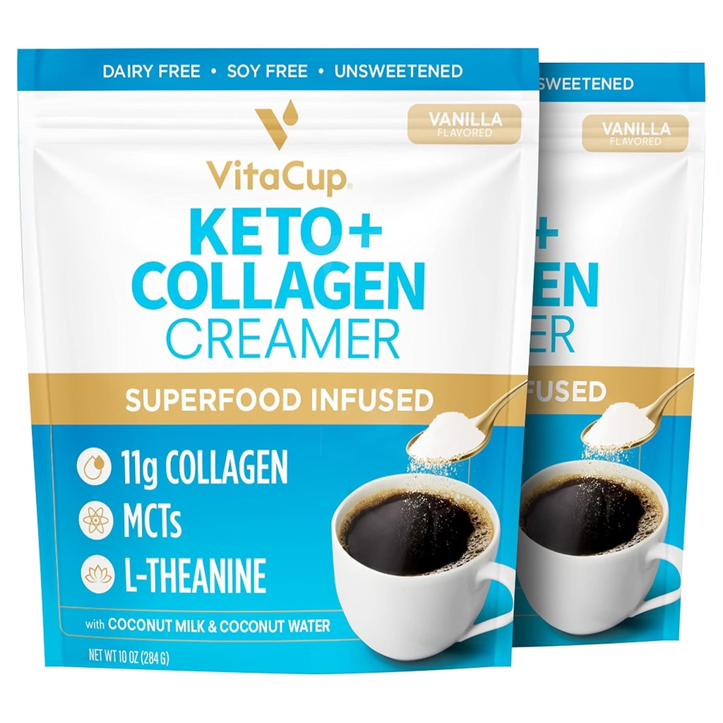 VitaCup Keto + Colagen Coffee Creamer Vanilla Flavor w/MCT, Colagen Proteine, Coconut Water, L-Theanin pentru Keto Diet, Cafea, Smoothies, & Shakes, Dairy-Free, Gluten-Free, Soy-Free, 2 pungi,10oz fiecare