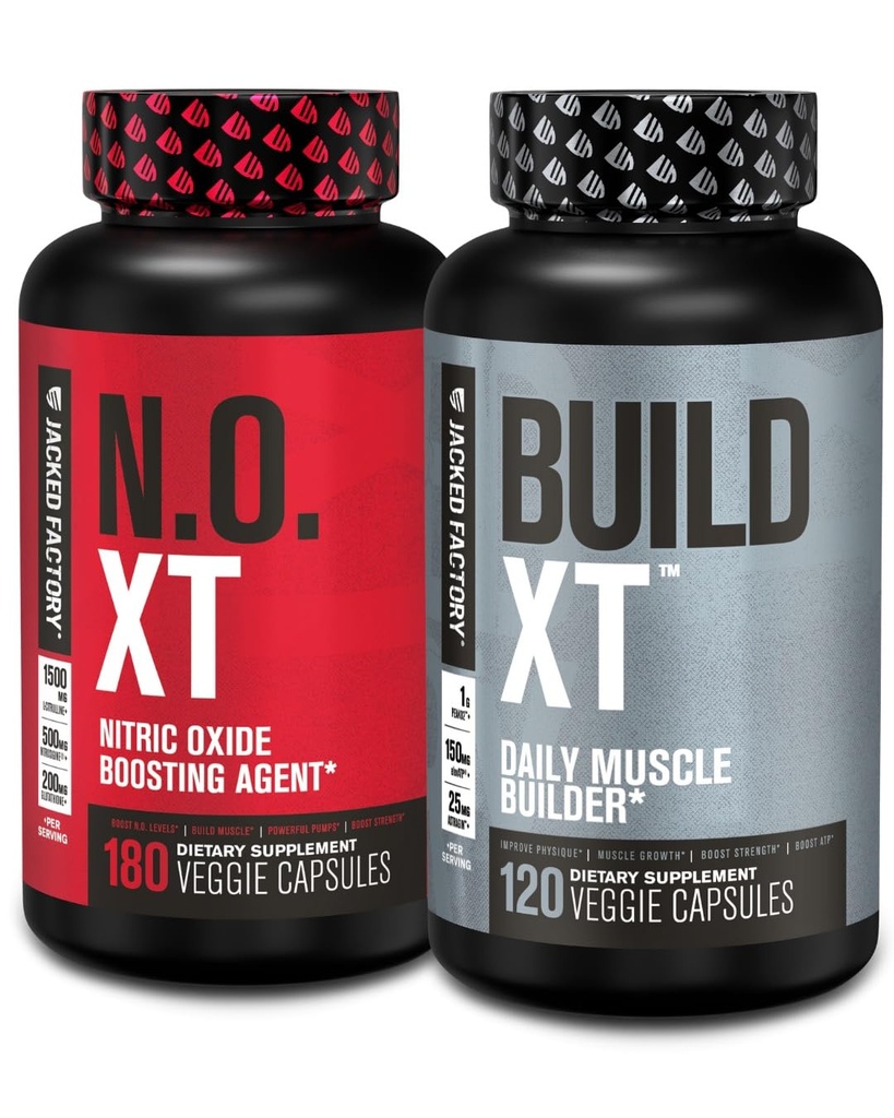 Jacked Factory Muscle Builder Supliment Stack - Build-XT Muscle Builder & N.O. XT Oxid de azot agent de stimulare pentru suport dublu (60 zile de aprovizionare)
