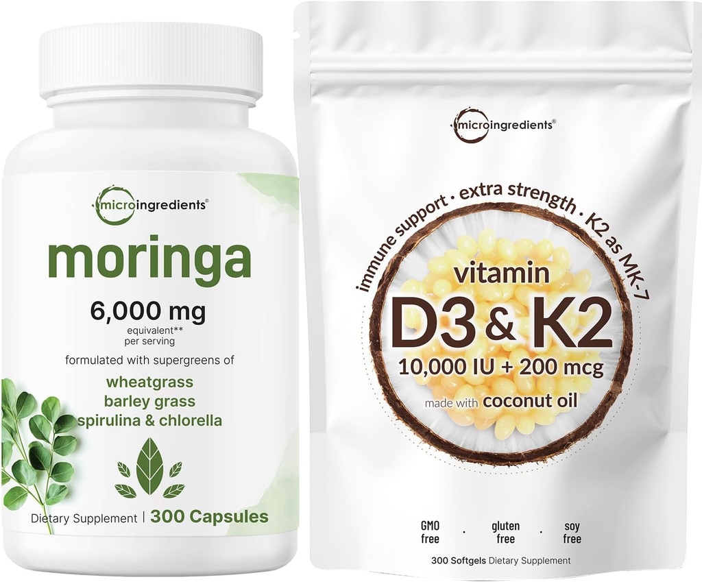 Micro Ingrediente Vitamina D3 10,000iu + K2 200mcg Ulei de cocos Softgels & Moringa Oleifera 6000 mg echivalent 300 Capsule Bundle 2 Pachet Essential Sunshine Vitamine 