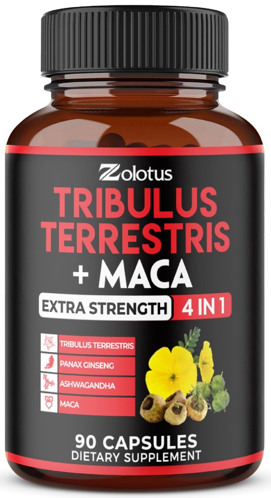 Zolotus Premium Tribulus Terrestris Capsule - combinat cu Ashwagandha, Panax Ginseng & Maca - 90 de conte timp de 3 luni