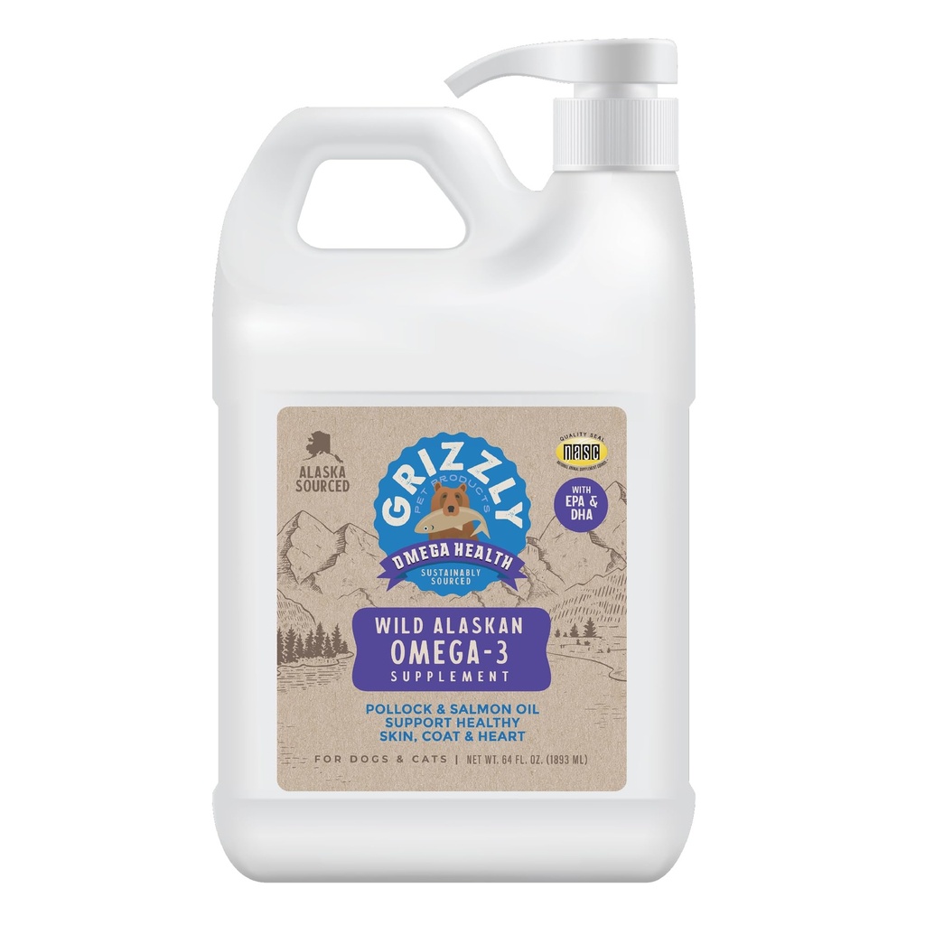 Grizzly Pet Products Omega Health Lichid Omega-3 Supliment pentru câini și pisici, 64 Ounce Jug