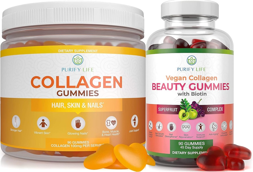 Purificați Life Marine Colagen & Vegan Colagen Bundle, Gummies Vitamine pentru piele de păr și unghii Sănătate (90 Chews), Reductor Pore & Elasticitate, Replace capsule, pastile