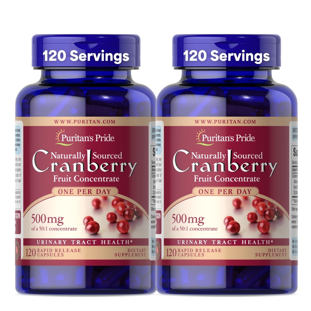 Puritan lui Pride natural sursate Cranberry One pe zi fruct concentrat 500mg, 50:1 Supliment alimentar pentru suport tract urinar, 4 luni de aprovizionare, 120 capsule de eliberare rapidă, 2 ambalaj