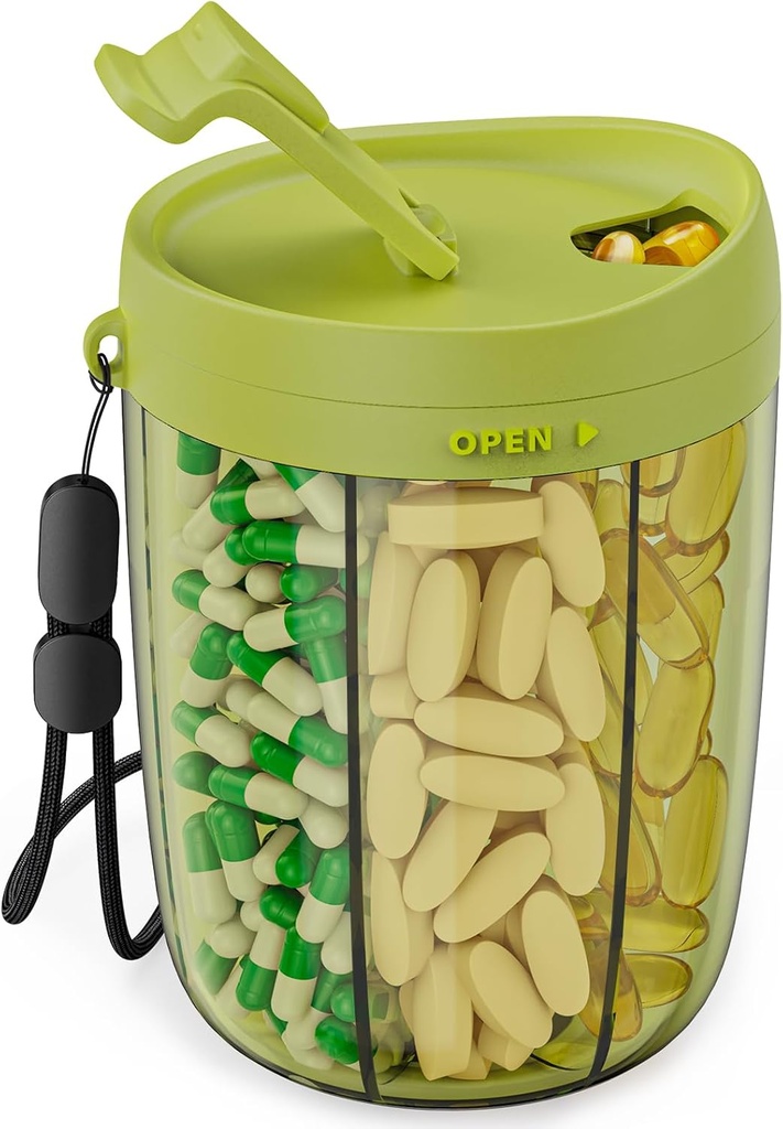 PULIV Large Pill Organizator, Organizator Supliment pentru Holding 6 Vitamine diverse, Case de pastile cu Anti-Mixing & Wide Design de deschidere, Ușor de recuperat Meds și 20 PC-uri Stick-on Labels, Verde