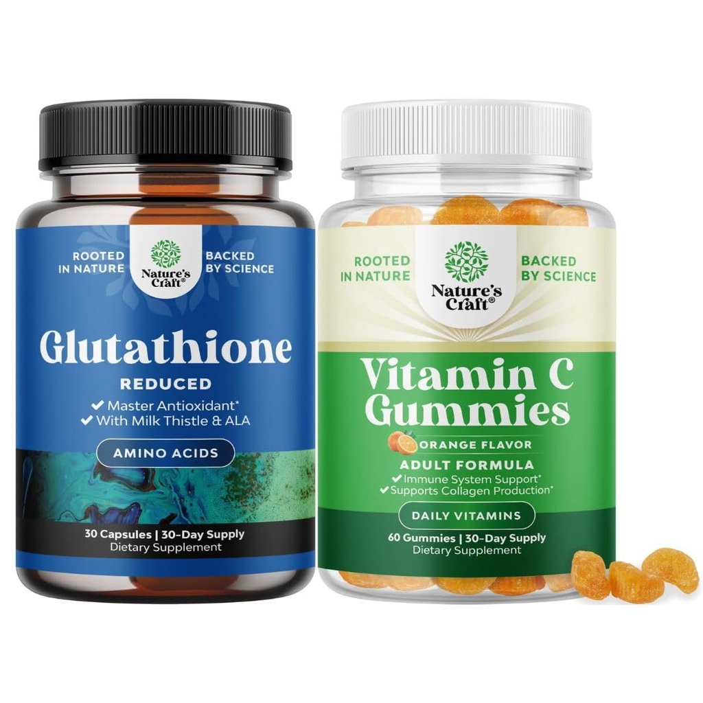 Bundle de supliment Glutatione reduse cu lapte Thistle - 500 mg per Servire L Glutatione pure și vitamine C gume masticabile pentru adulți - Acid ascorbic Gummy naturale Booster imunitar și Remediu rece