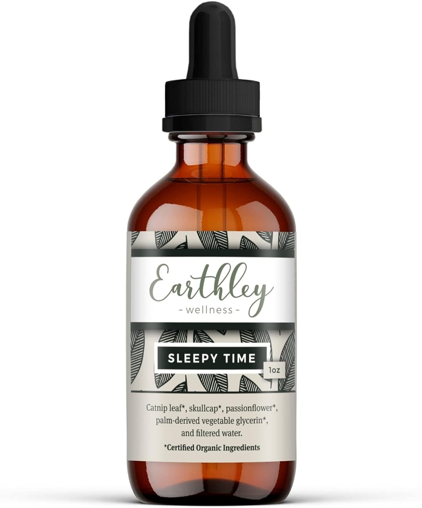 Earthley Wellness Timp somnoros, Natural Herbal Sleep Support pentru adulți și copii, Extract calmant pentru relaxare și nopți odihnitoare, Alcool-Free, Made with Catnip, Skullcap, and Passionflower (1oz)