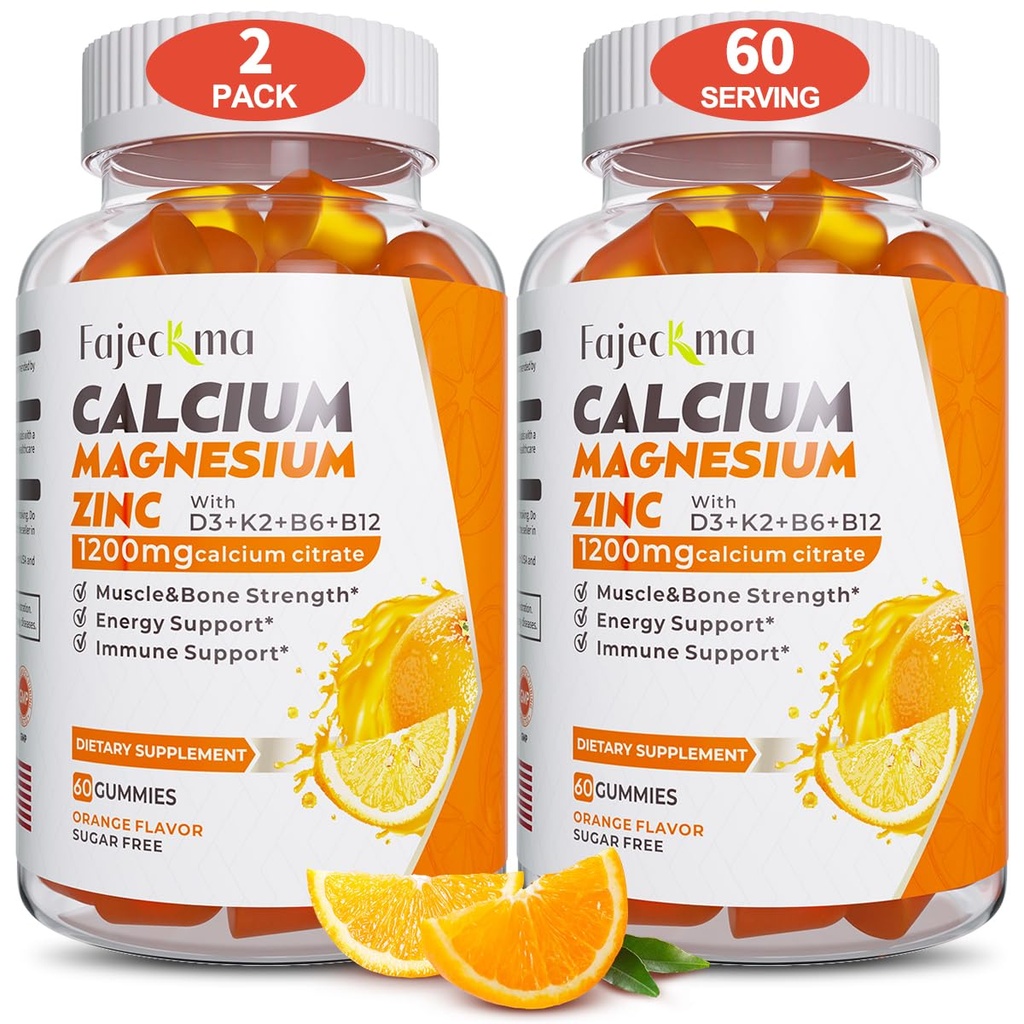 Calciu Magneziu Gume de zinc pentru adulți: 1200 mg Citrat de calciu cu vitamina D3 K3 - Natural Organic Sugar supliment de mare absorbție pentru femei Bărbaţi Copii (120Count)