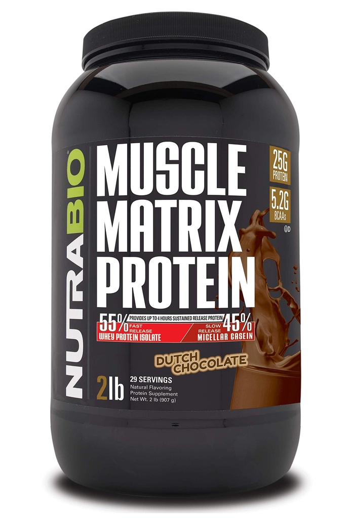 NutraBio Muscle Matrix Proteine pulbere - 25g de proteine per scoop - Whey Izolat și Micellar Casein Combo pentru eliberare rapidă și lentă - Ciocolata olandeză - 2 lire, 28 Serviri