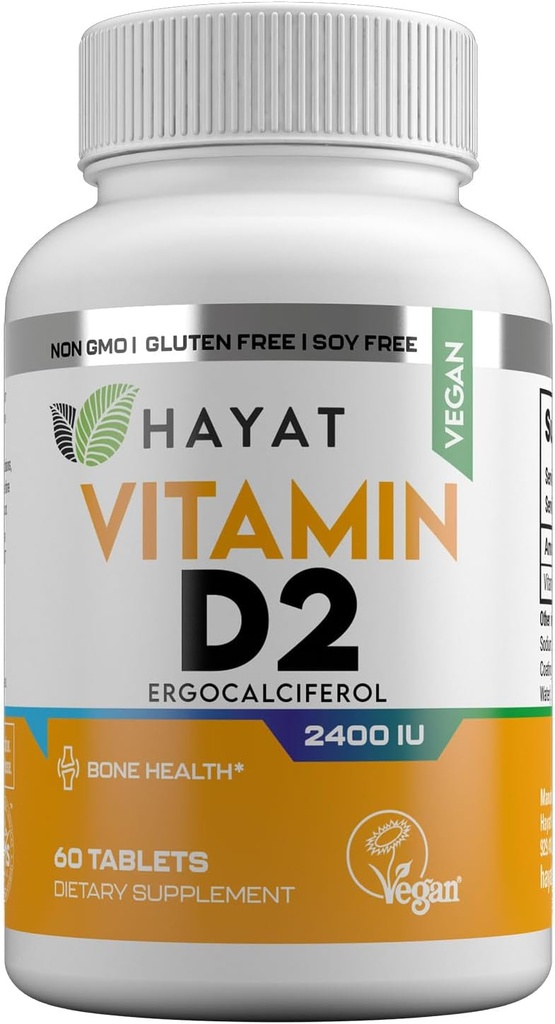 HAYAT Vitamine Vegan Vitamina D2 2400 UI (60 MCG), Supliment alimentar pentru oase, dinți, mușchi și asistență pentru sănătate imună, 2 luni de aprovizionare, toate naturale, certificate Halal, 60 comprimate, Made in the USA