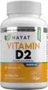 HAYAT Vitamine Vegan Vitamina D2 2400 UI (60 MCG), Supliment alimentar pentru oase, dinți, mușchi și asistență pentru sănătate imună, 2 luni de aprovizionare, toate naturale, certificate Halal, 60 comprimate, Made in the USA